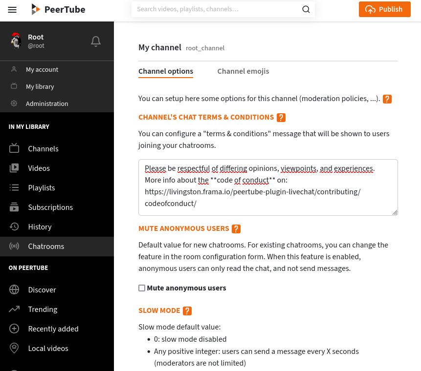 Screenshot of the channel options form, with a field to configure your\nterms and\nconditions.