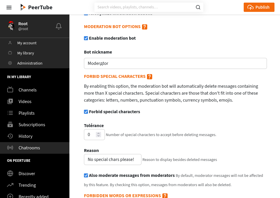 Screenshot of the channel options page, with several fields to configure\nthe “Forbid special characters”\noption.