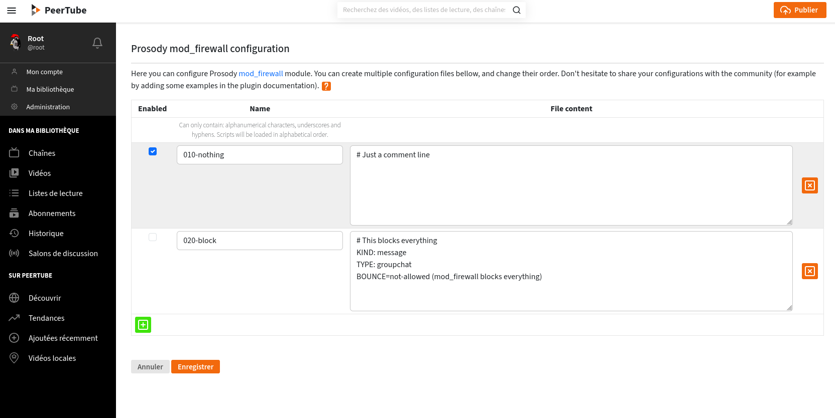 Screenshot des Formulars “Prosody mod_firewall Konfiguration”.