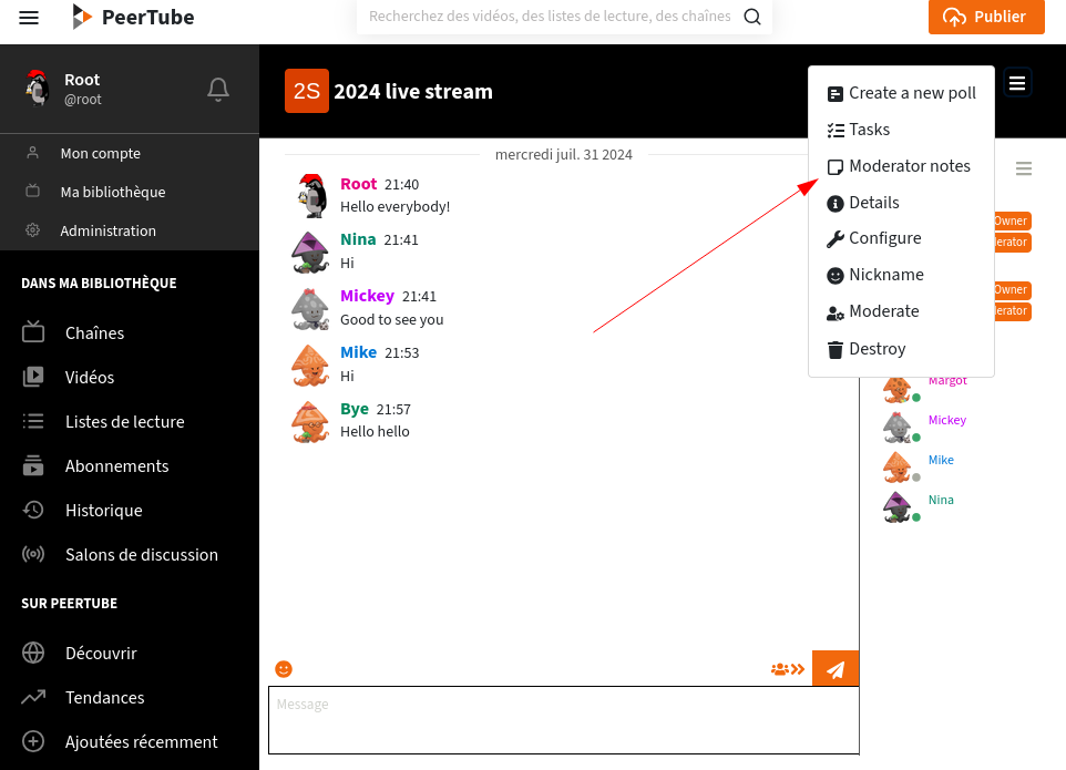 Screenshot of a Peertube chat, fullscreen. The chat top menu open, with a “Moderation notes” button.