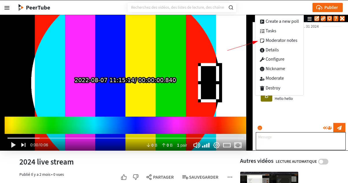 Screenshot of a Peertube video, with the chat on the right. The chat top menu is open, with a “Moderation notes” button.