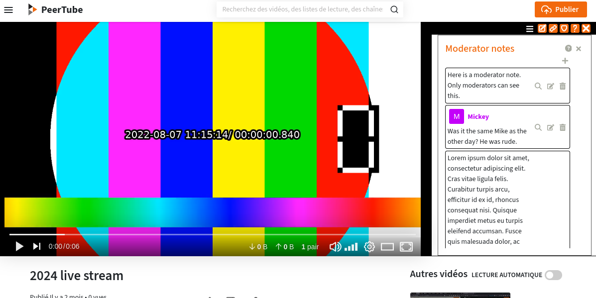 Screenshot of a Peertube video, with the chat on the right. The moderation notes application is open. There are several notes, some of them are associated to users.