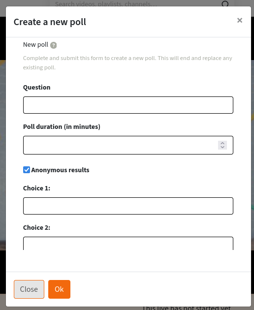 Screenshot of a “Create a new poll” form. The form contains several fields: question, duration, choices, …