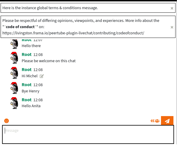 Screenshot of a chat session. On the top of the chat, there are terms and conditions for both the server and the channel.